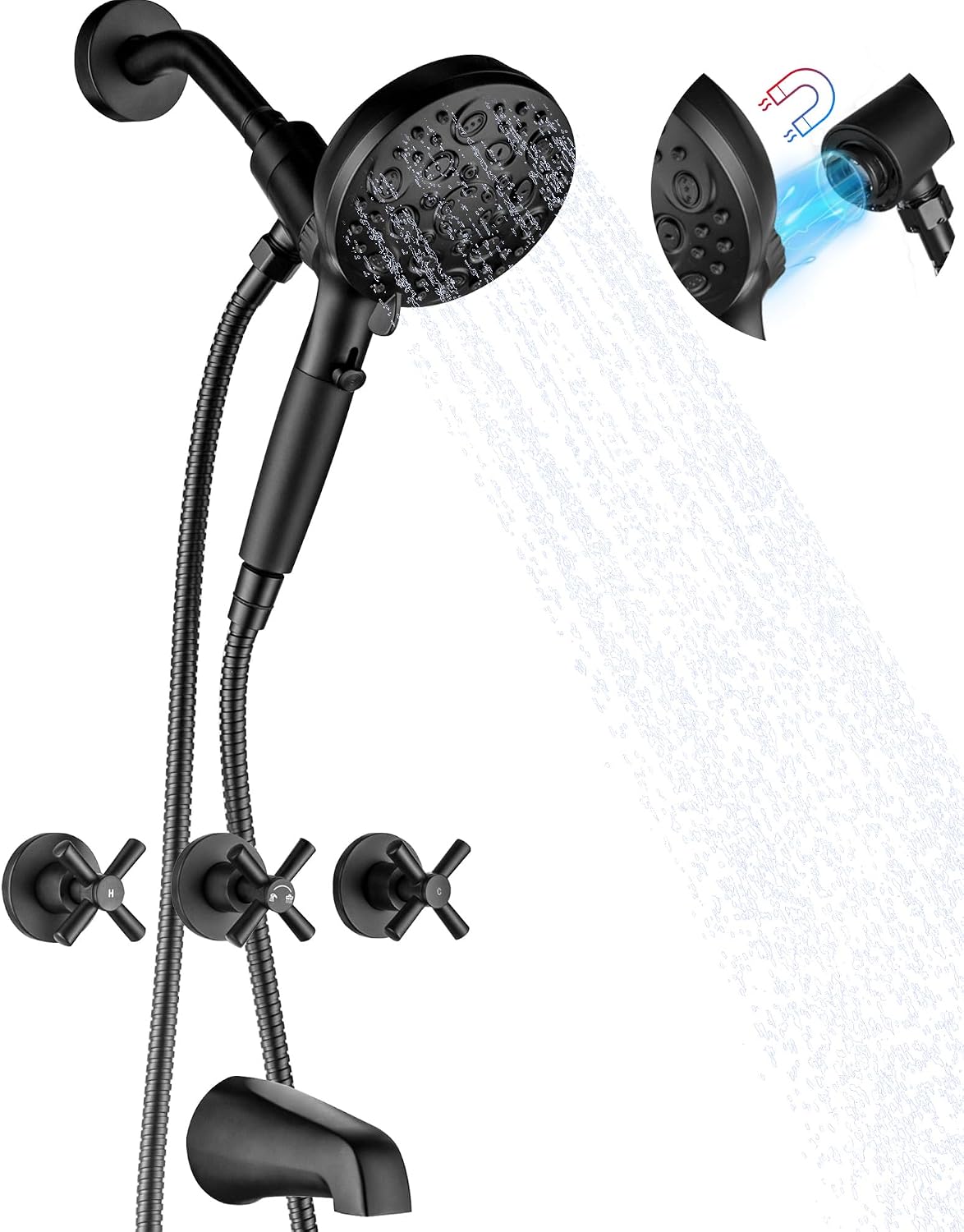 LIWEIKE Matte Black 3 Handle Tub Shower Faucet, 3 Knob Shower Tub Faucet Set with with 10 Setting with Magnetic Handheld Head Three Handle Tub and Shower Faucet Set