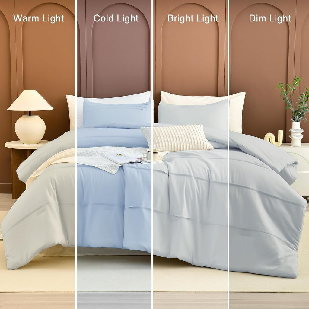 Masaca Oversized King Comforter 128x120,3 Pieces Pinch Pleated Light Blue Comforter Set Lightweight Modern Style Farmhouse Extra Large King Size Bedding for All Season