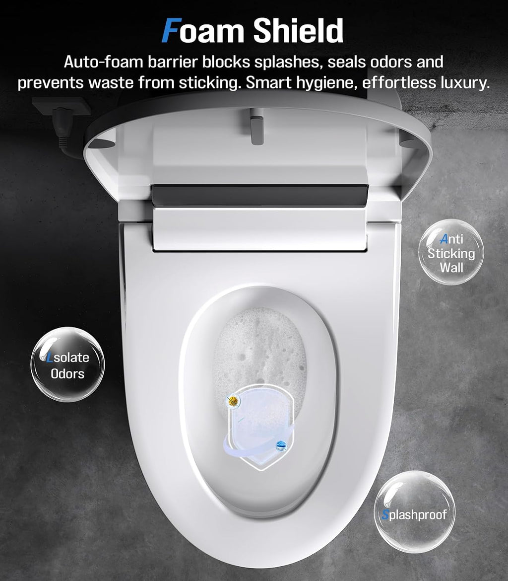 Electric Smart Toilet with Bidet Built-In & Tank, No Water Pressure Limit, Modern Design with Foam Shield, Foot Sensor & Auto Flush, Elongated One Piece, Heated Seat, Warm Air Dryer, 1000g MaP Flush
