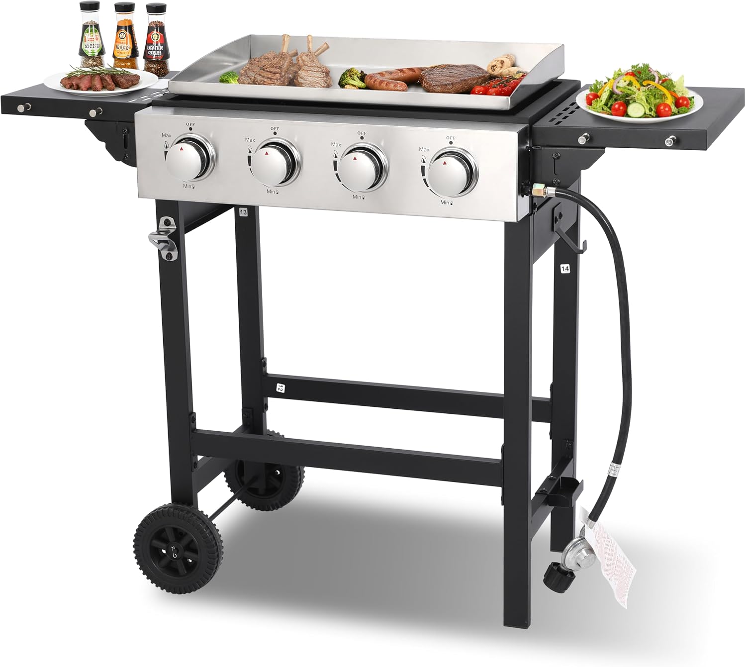 4 Burner Propane Flat Top Grill, 22 Inch Stainless Steel Griddle with Detachable Tabletop & Cart, Portable BBQ Cooker with Side Shelf & 2 Wheels, Dust Cover & Hose for Camping Tailgating