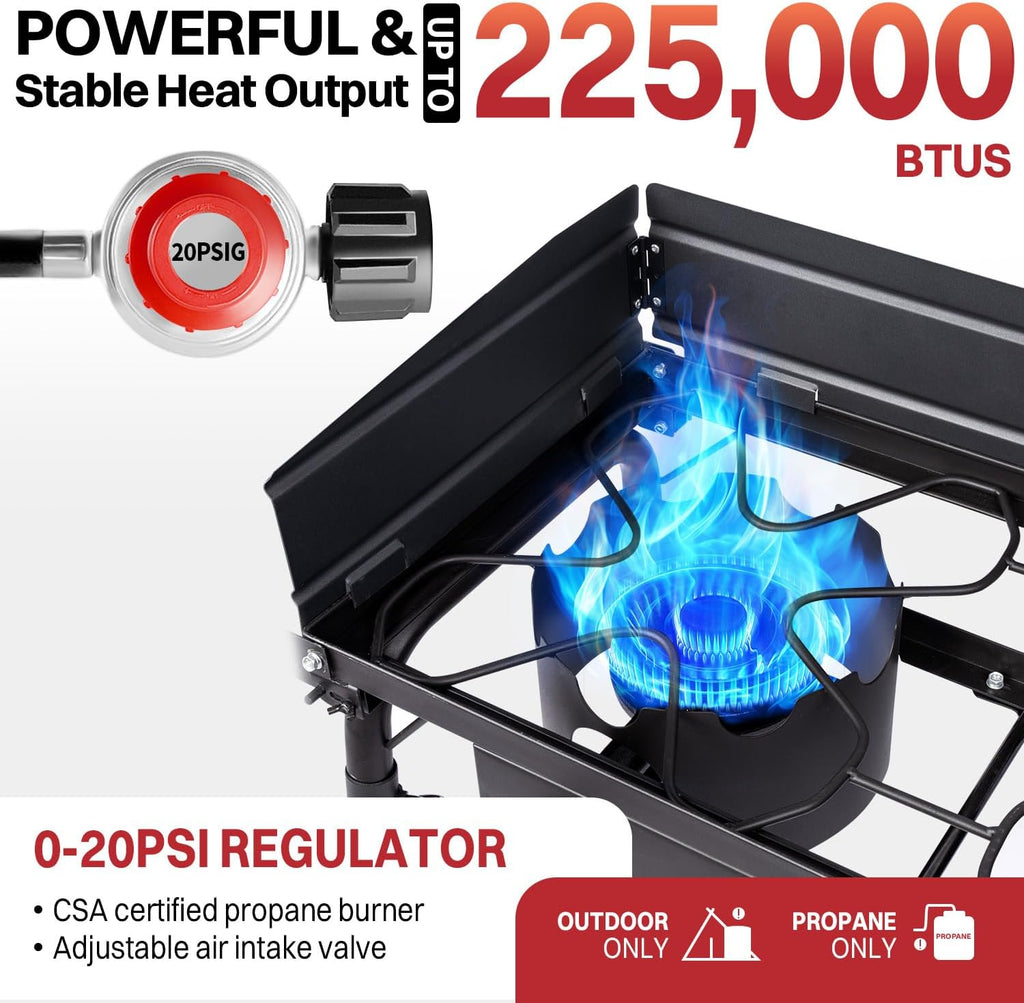 3 Burner Propane Camp Stove | 225,000 BTU Gas Burners | Side Shelves | Windscreen | Waterproof Cover | Detachable Legs | Ideal for Camping Backyard Outdoor Cooking