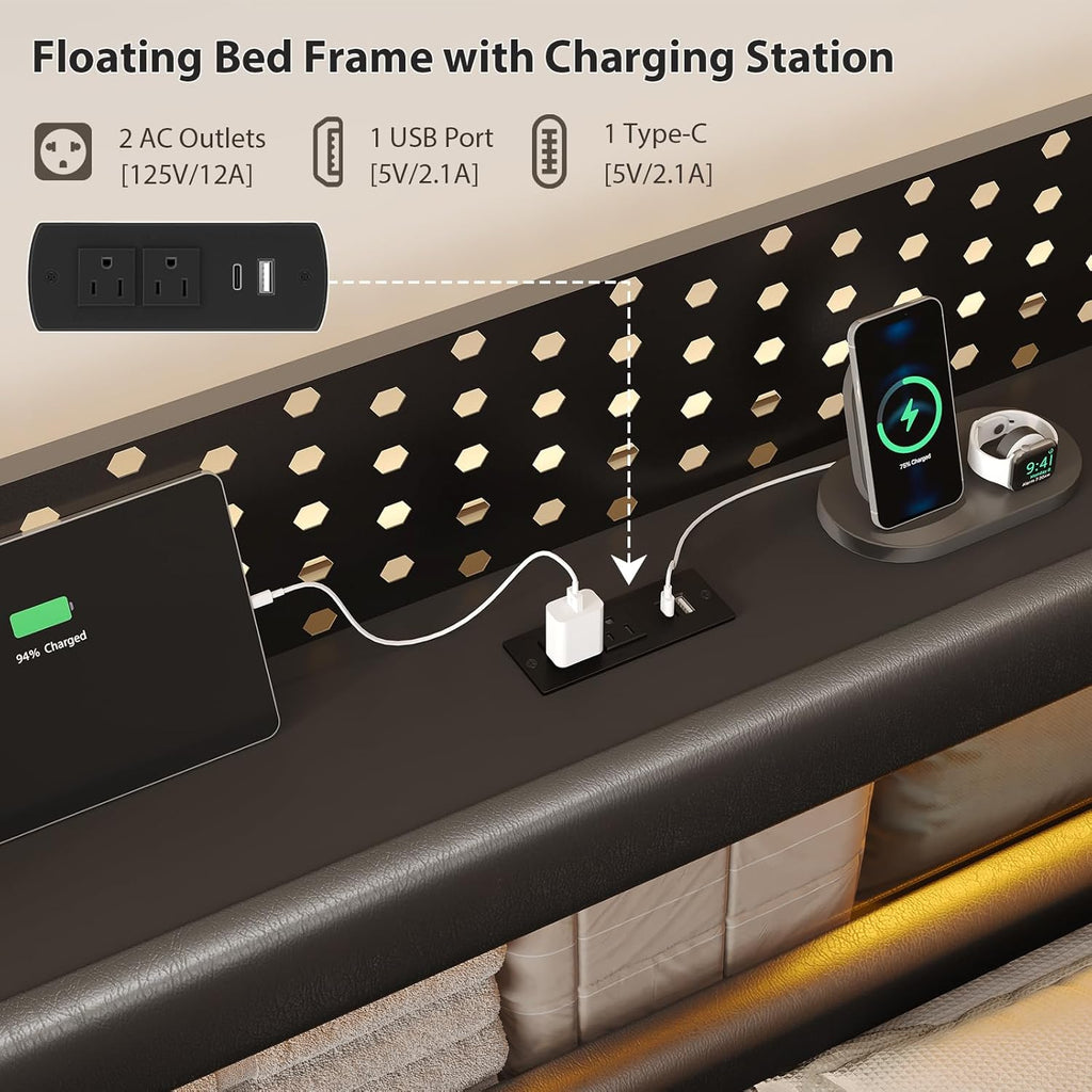 busyaeh Floating Bed Frame Queen with Storage Headboard, Platform Bed Queen Size with Storage & LED Lights,Metal Floating Queen Bed Frame, No Box Spring Needed, Noise-Free, Easy Assembly, PU Black