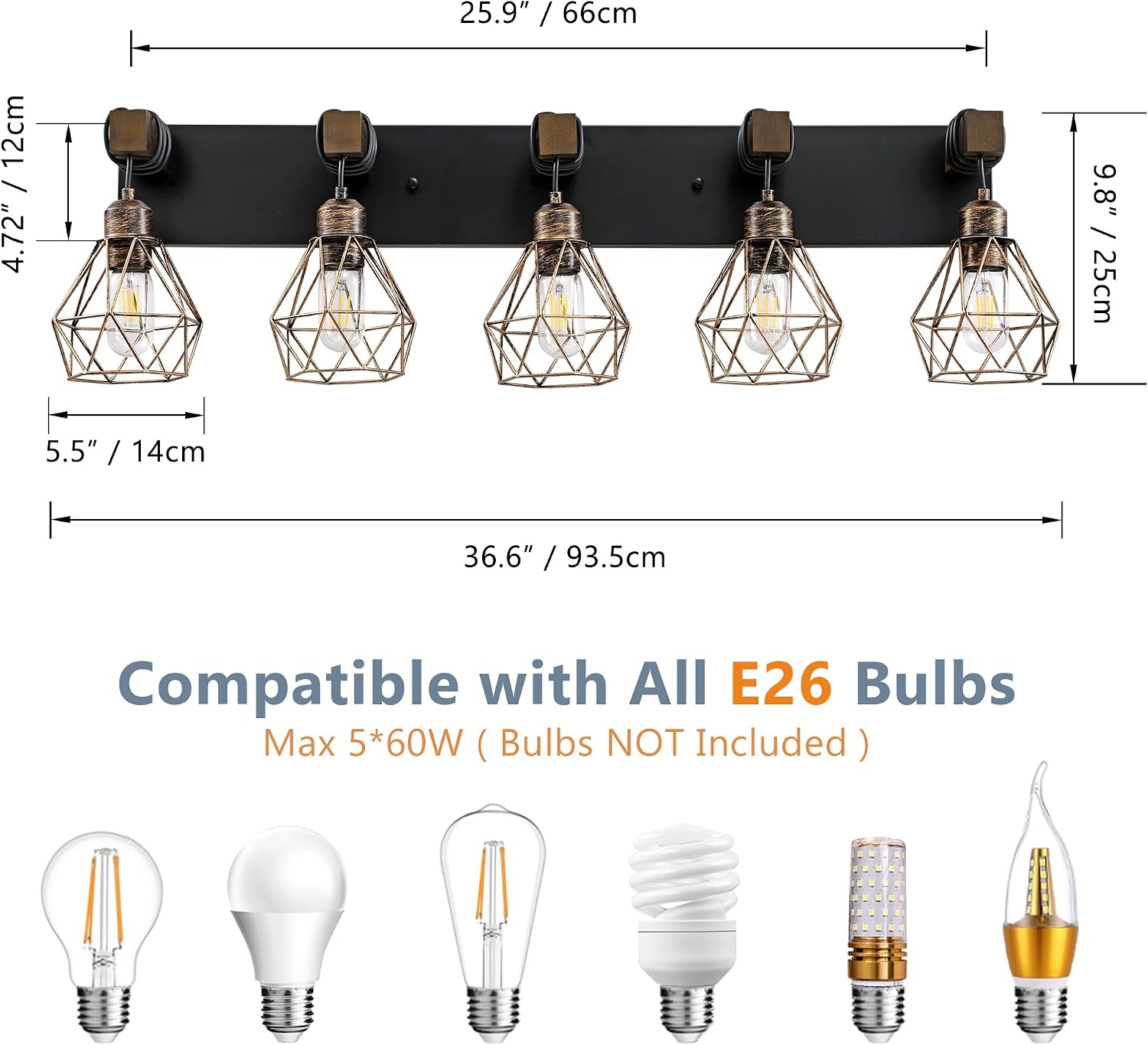 Black Gold Farmhouse Bathroom Light Fixtures, 5-Light Bathroom Lighting Fixtures Over Mirror, Rustic Wood Vanity Lights Wall Sconces with Metal Lampshade for Living Room