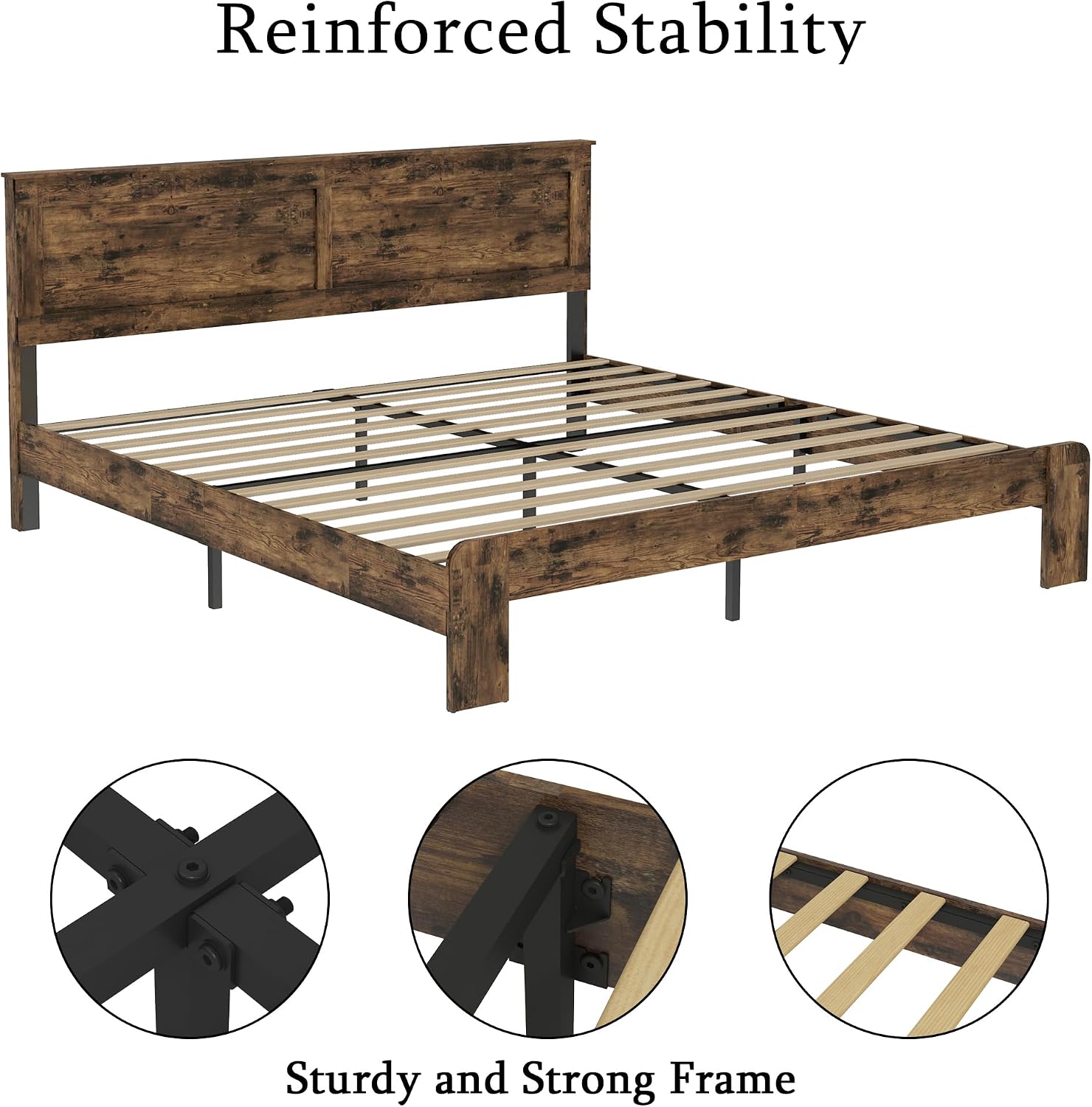 Bellemave Rustic Vintage King Size Bed Frame with Headboard,Wooden Platform Bed Frame King Size with Wood Slats,Easy Assembly,Dark Brown