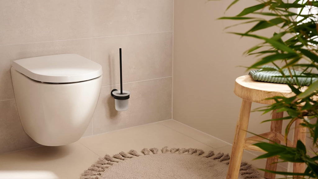 tesa MOON BLACK Toilet Brush Set, with holder and toilet brush, matt black, satin glass - for industrial style and modern bathrooms - drill-free, incl. adhesive solution - 379 mm x 112 mm x 145 mm