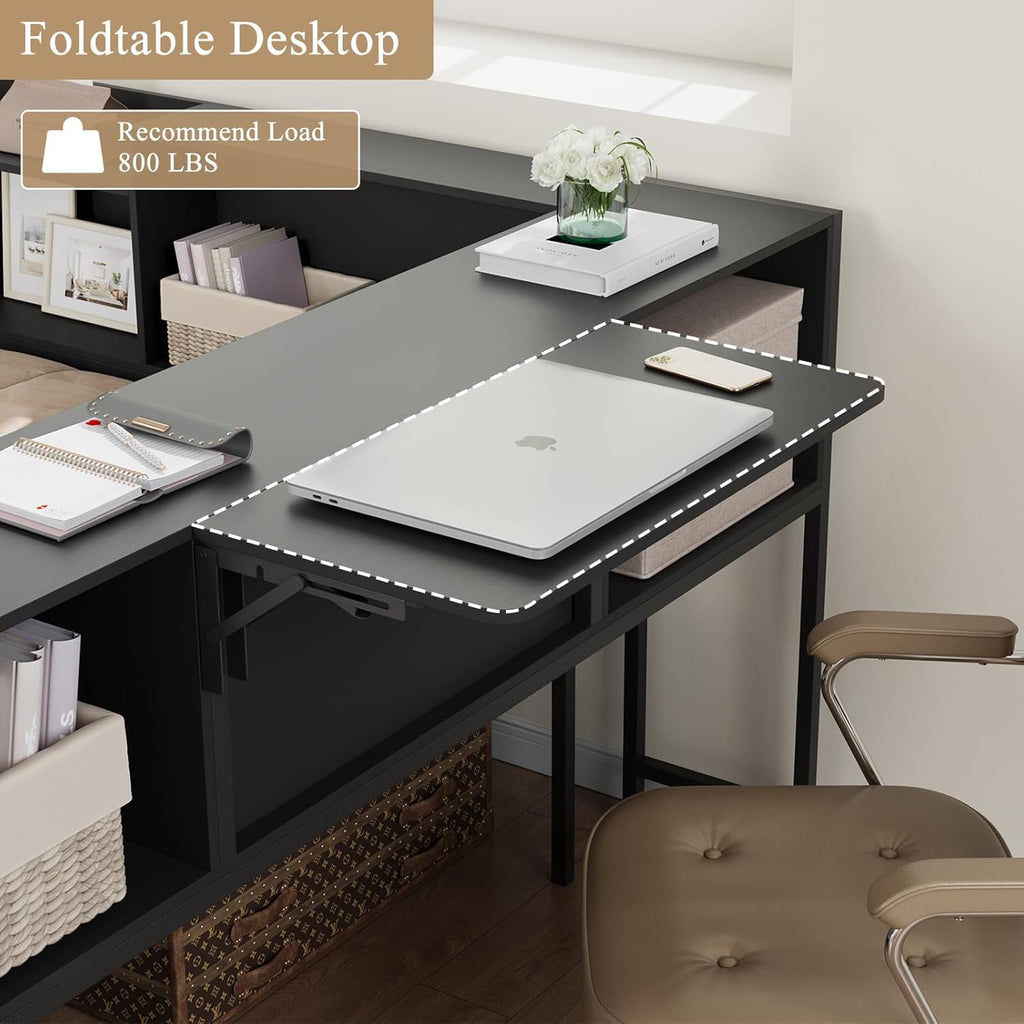 Corner Full Bed Frame with Storage Bookcase and Foldable Desktop, Black Full Size U-Shaped Metal Corner Bed Platform for Teenagers & Kids, Daybed with Charging Station & 2 Storage Drawers for Bedroom