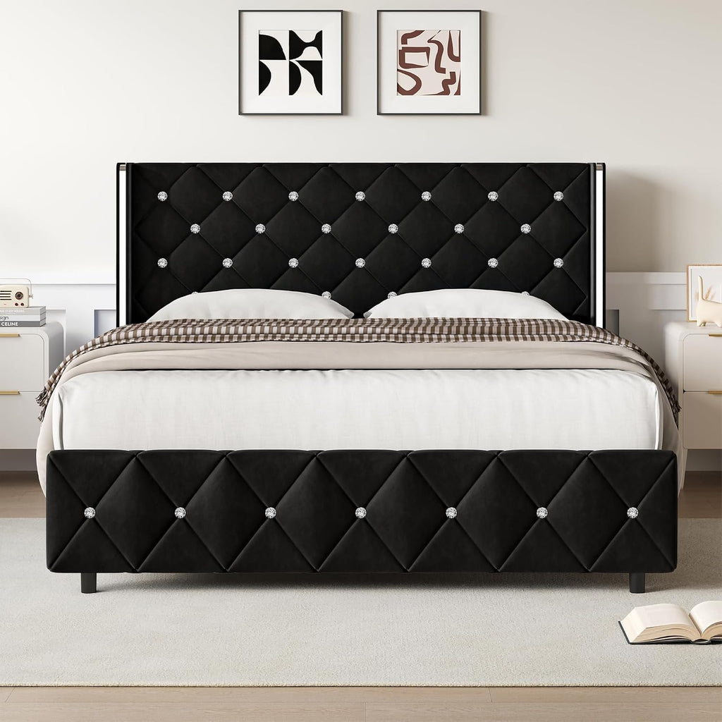 Lullabyre Full Size Bed Frame, Upholstered Bed Frame with Diamond Tufted Headboard, Modern Silverside Wingback, No Box Spring Needed, Easy Assembly, Black