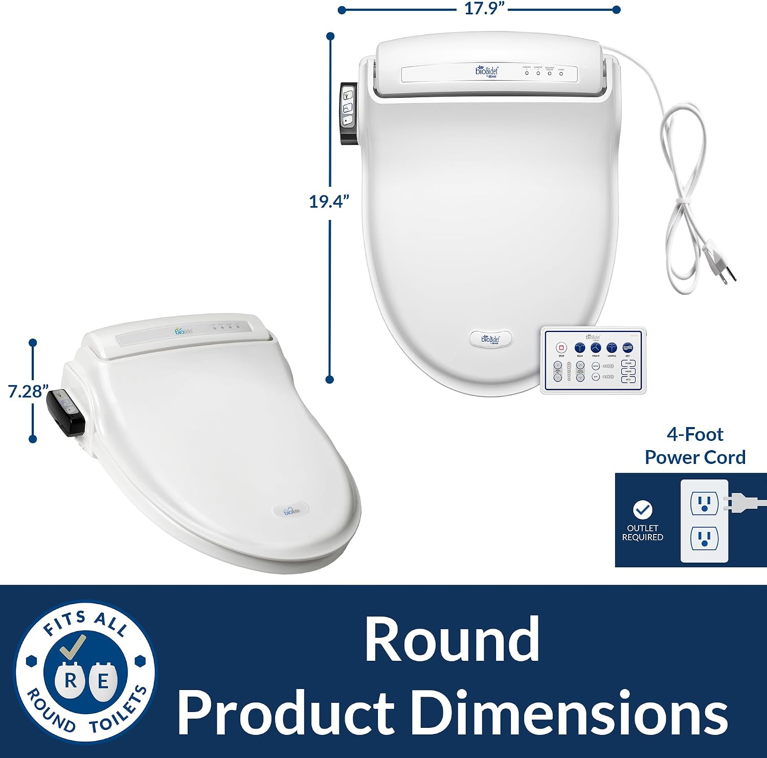 Bio Bidet Bliss BB1000 Warm Water Bidet Seat, Air Dryer, Heated Seat with Slow Close Lid, Remote Control, Round