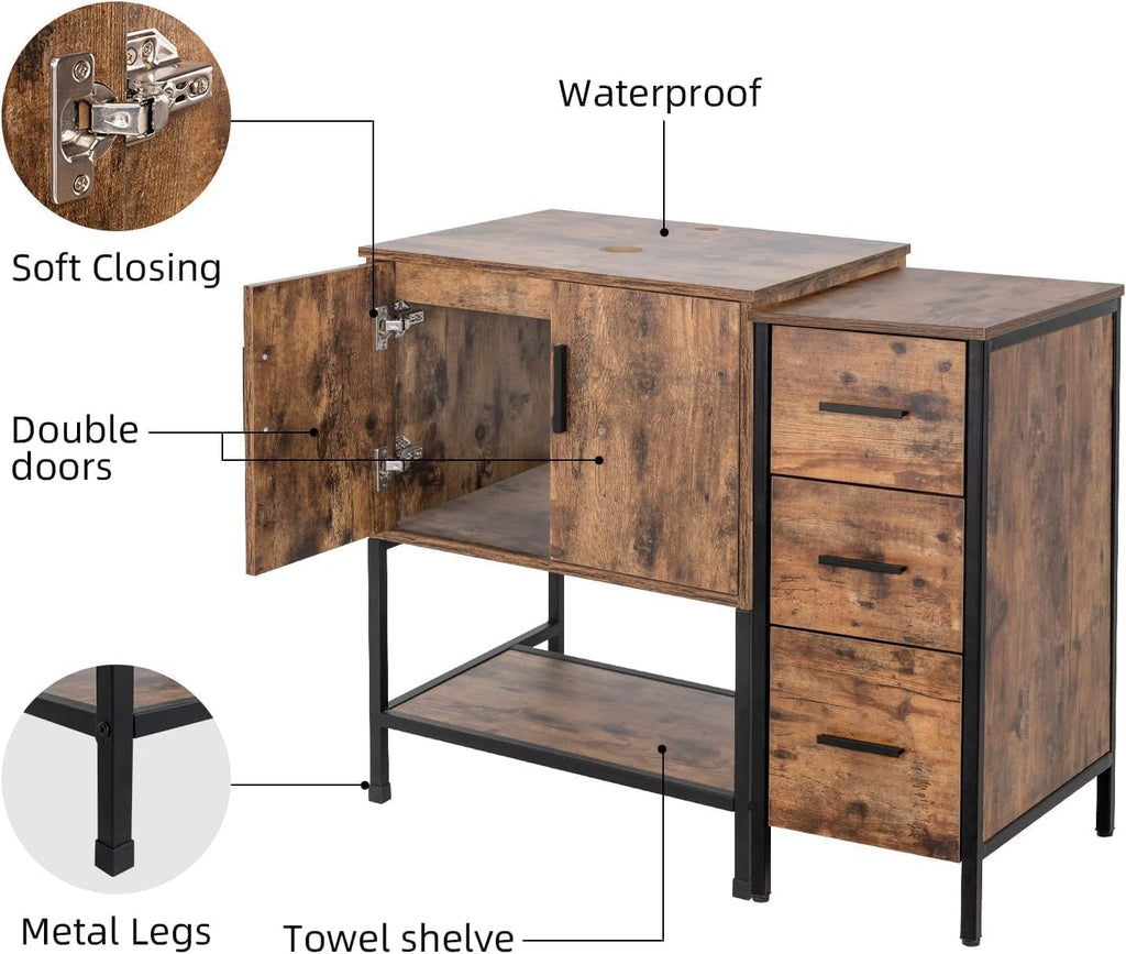 UEV 36' Rustic Brown Bathroom Vanity with Sink Combo,Industrial Iron Frame Bathroom Cabinet Sets with 3 Drawers Side Cabinet,Modern Brown Boat Tempered Glass Vessel Sink(029BR)