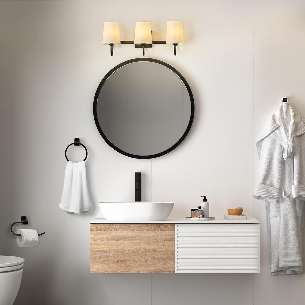 Globe Electric 63000206 5-Piece All-in-One Bathroom Set, 3-Light Vanity Light, Matte Black, Linen Shades, Towel Bar, Robe Hook, Toilet Paper Holder, Towel Ring, Bathroom Lights Over Mirror