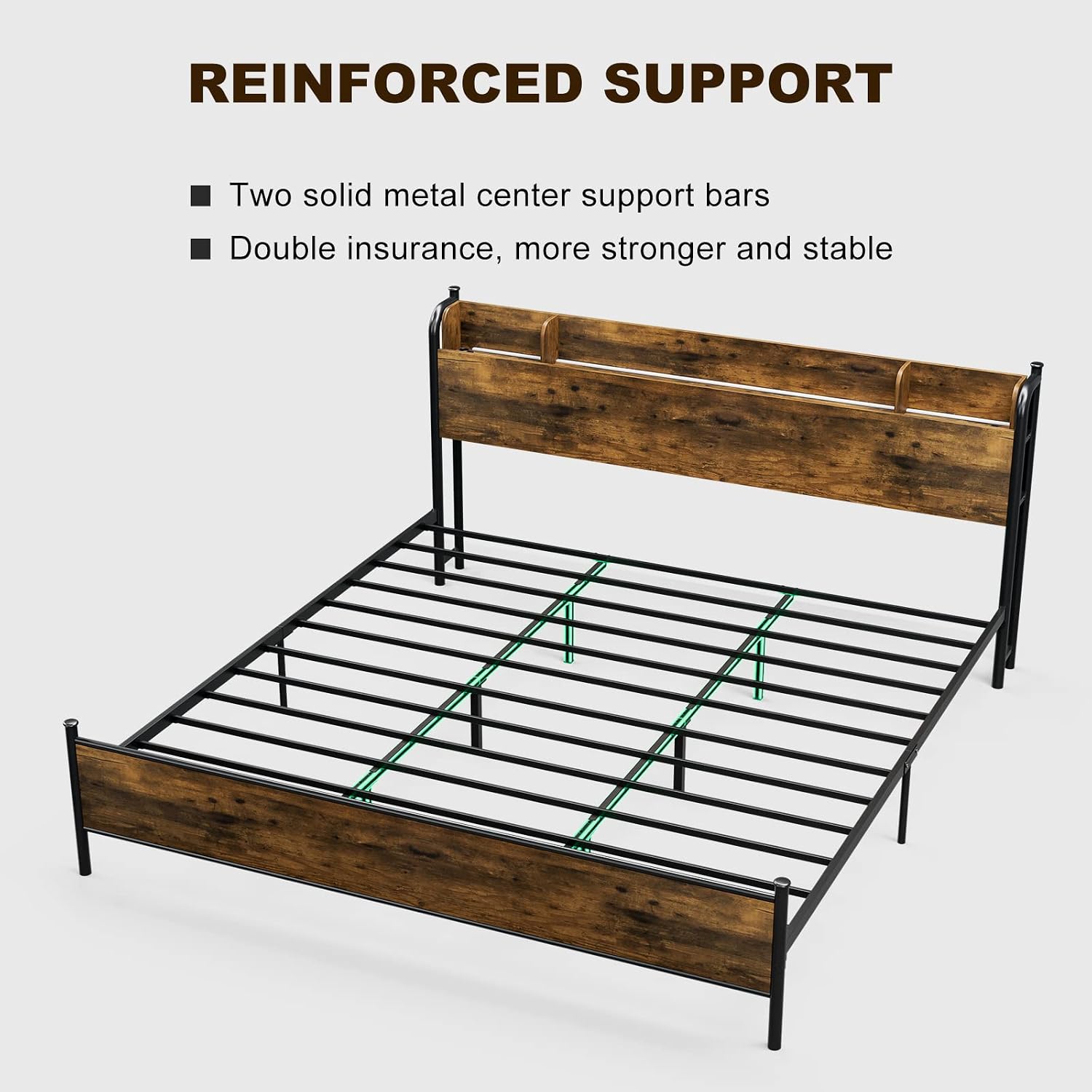 IKIFLY King Size Bed Frame with Storage Shelf Headboard & Charging Station, Industrial Metal King Platform Bed with LED Lights, Strong Metal Slats Support, No Box Spring Needed, Rustic Brown