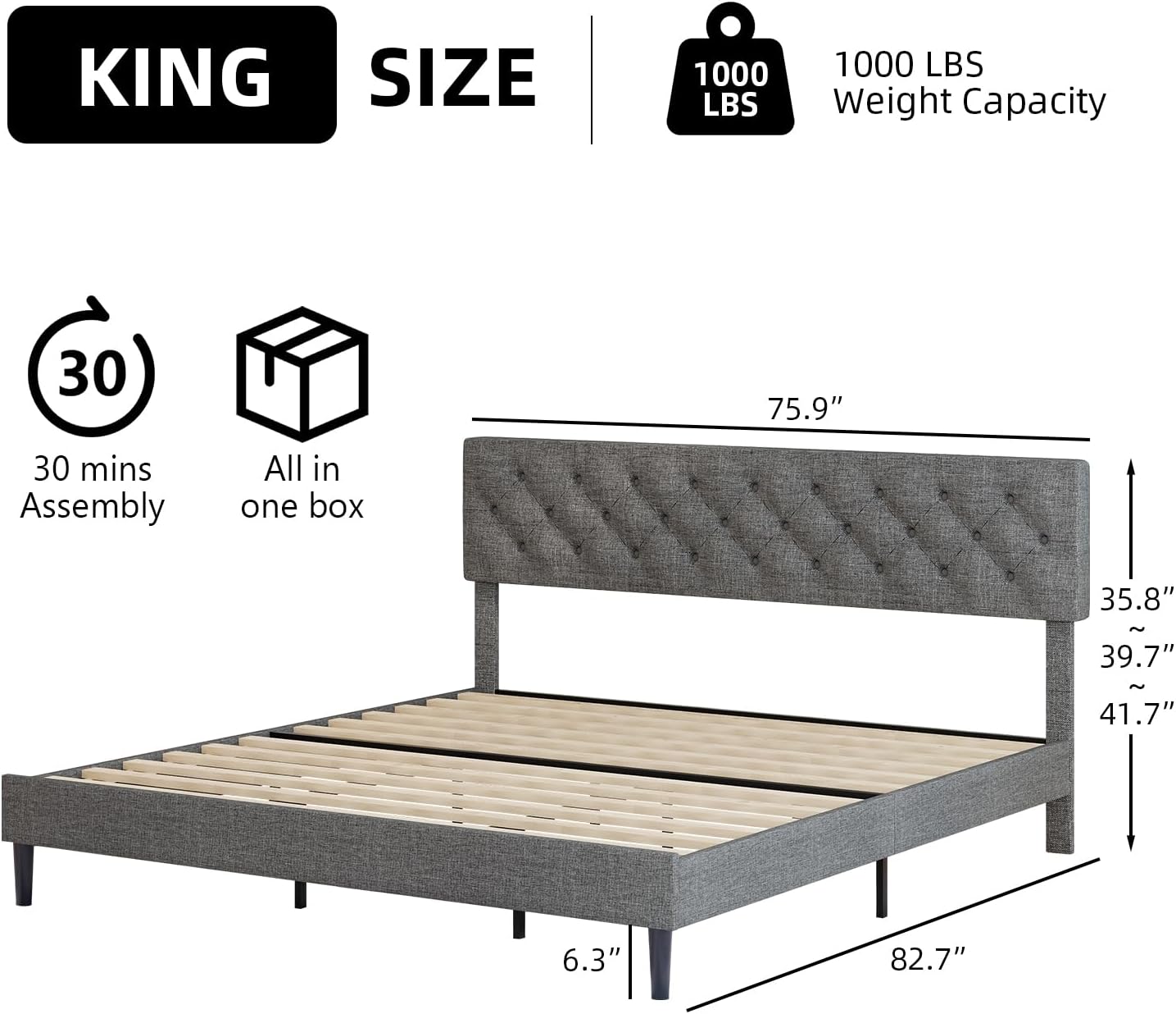 BarnFurin King Size Platform Bed Frame, Fabric Upholstered Bed with Button Tufted Headboard, Adjustable Headboard Design, Easy Assembly, No Box Spring Required, Light Grey