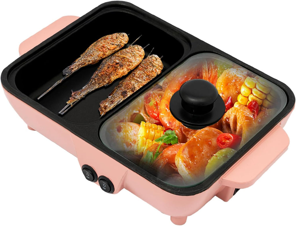Electric Grill Hot Pot 2 In 1, Multifunctional Smokeless Grill Indoor Teppanyaki Grill/Shabu Pot Separate Dual Temperature Contral, Non-Stick Pan BBQ Capacity for 1-42 People