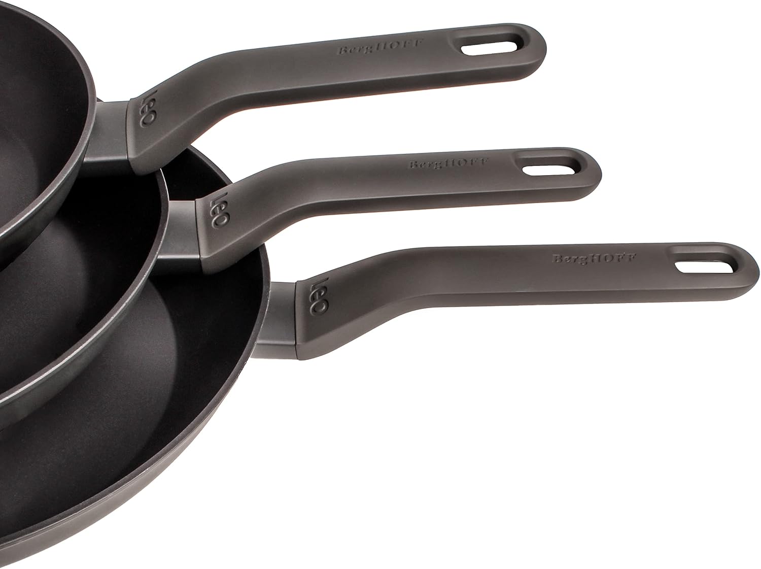 Berghoff LEO 3Pc Non-stick Frying Pan Set 8', 10', 11' Cast Aluminum Ferno-Green, PFOA Free Coating Soft-touch Stay-cool Handle Induction Cooktop Fast Heating, Dark Grey