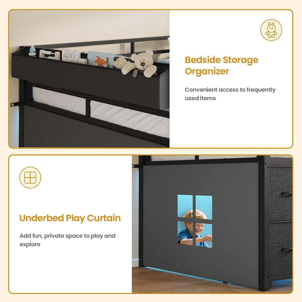 ADORNEVE Low Loft Bed Twin Size with Stairs,7 Drawers, Bookcase and LED Lights, Metal Kids Loft Bed with 14' H Safety Guardrail,Inclined Ladder and Play Curtain, Under-Bed Play Space, Black