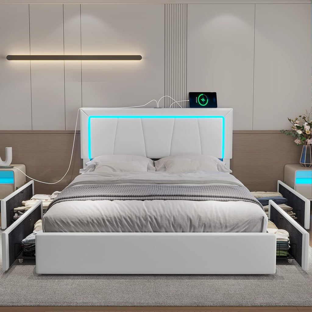 Hasuit Queen Bed Frame with 4 Storage Drawers Underneath, Upholstered Platform Bed Queen Size with Artificial Leather Headboard, Modern Bed with LED Light, and Charging Station, White