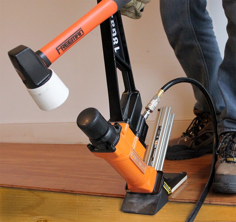 Freeman PF18GLCN Pneumatic 18-Gauge 1-3/4' L-Cleat Flooring Nailer with Flooring Mallet and Interchangeable Base Plates