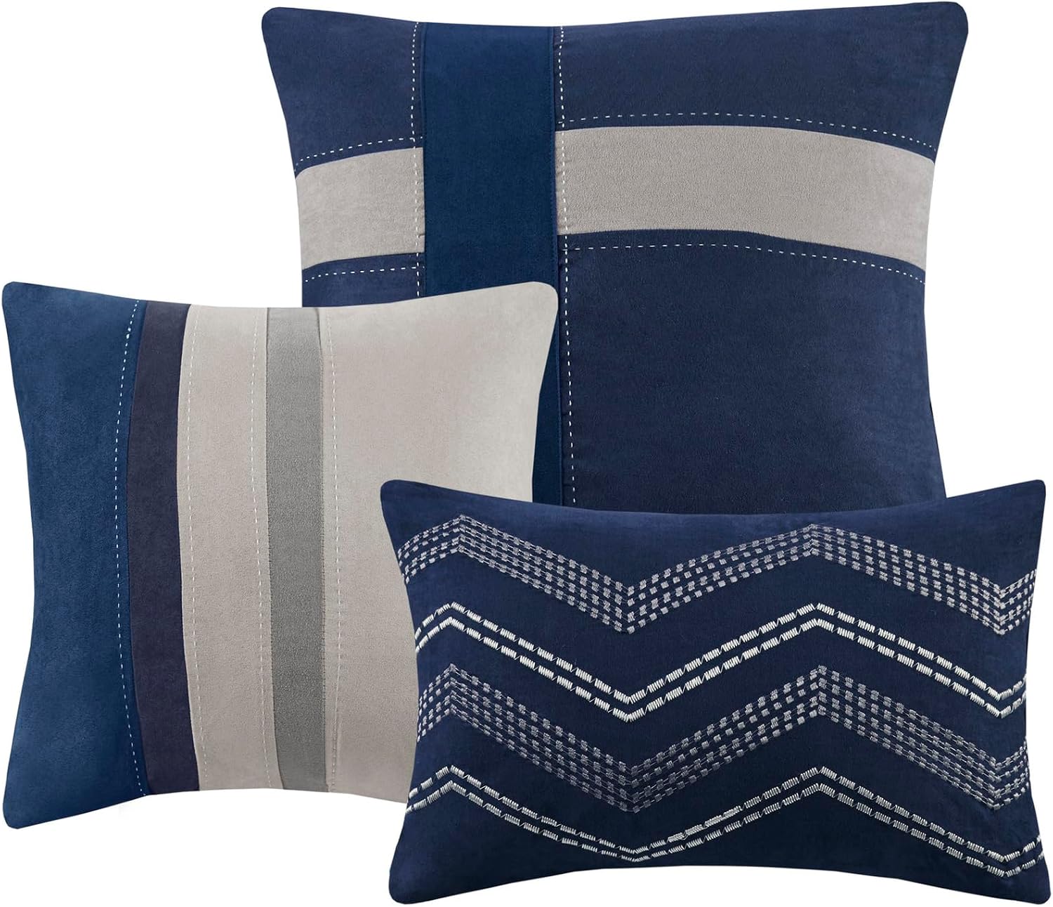 Madison Park Palisades Comforter Set Modern Faux Suede Pieced Stripe Design, All Season Down Alternative Cozy Bedding with Matching Shams, Decorative Pillows, King(104'x92'), Blue 7 Piece