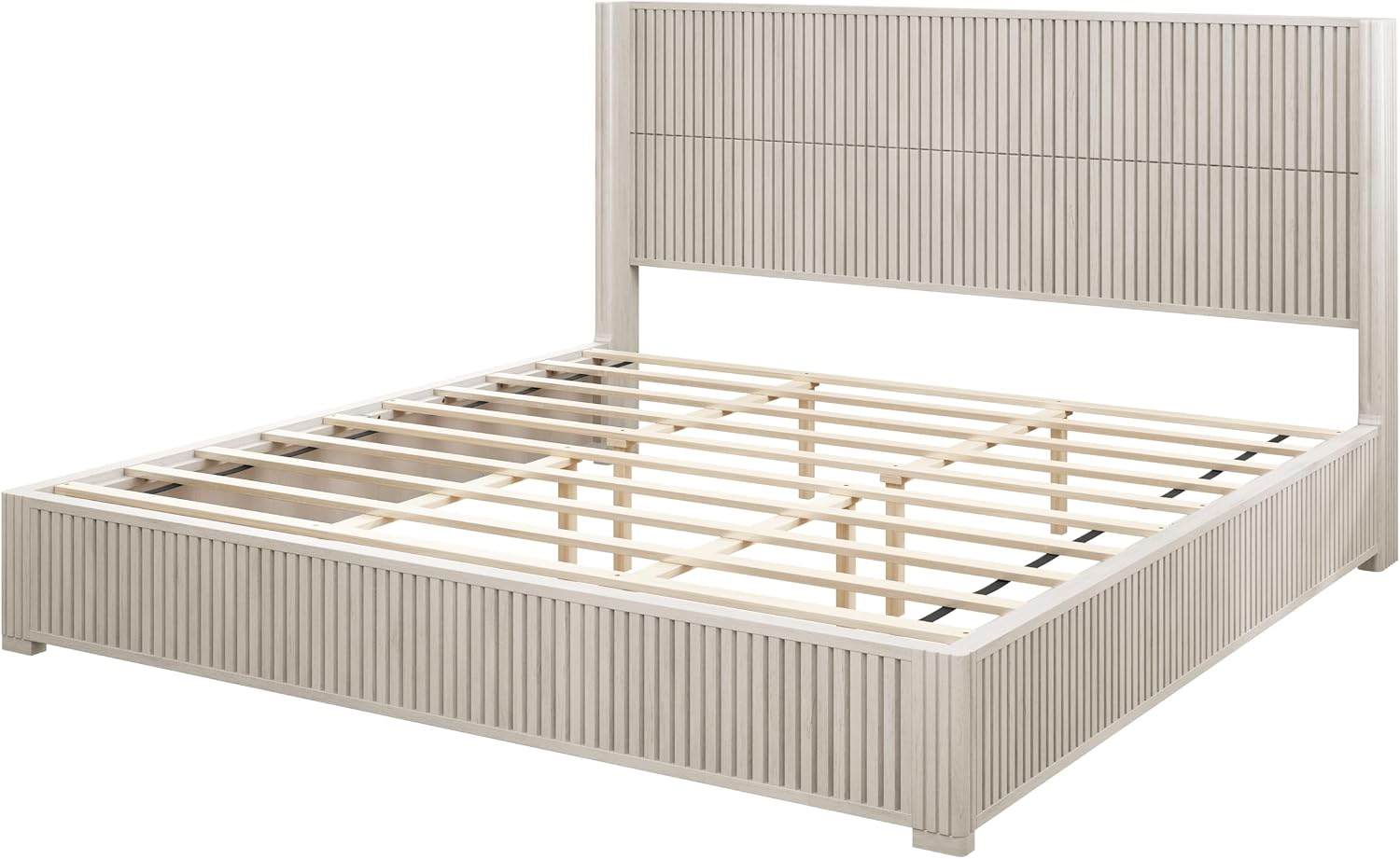 King Size Solid Wood Platform Bed Frame with wingback Headboard, Wood Platform Bed Frame Low Profile with 80.04' Headboard, Solid Wood Leg/No Box Spring Needed/Noise Free/Beige