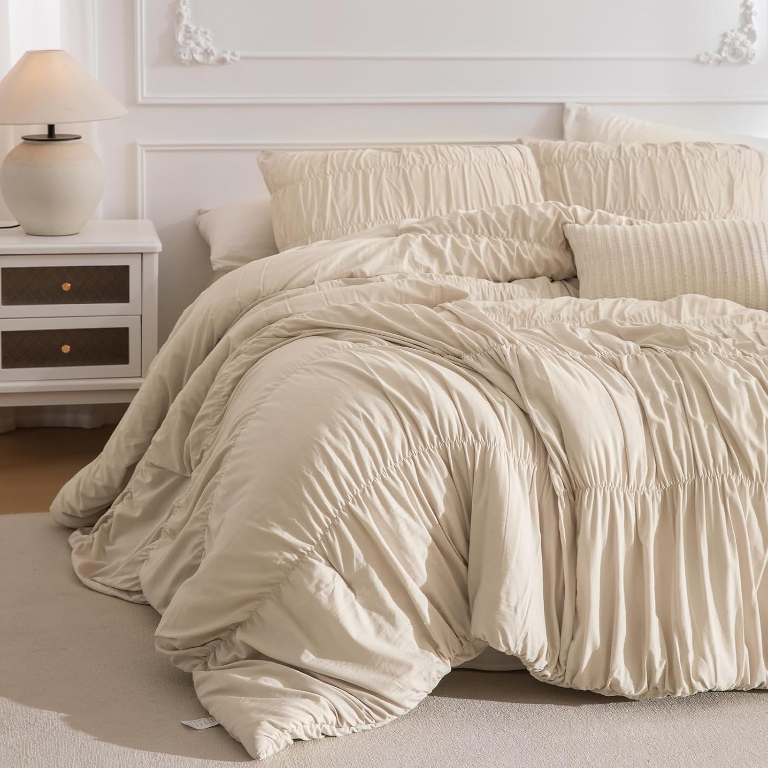 Masaca Oversized King Comforter 128'x120',Ruched Wheat Extra Large King Comforter Set,3 Pieces Lightweight Fluffy Ruffle Comforter Set Shabby Boho Chic Bedding Ultra Soft