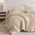 Masaca Oversized Comforter King Size(120'x120'),Lightweight Ruched Ruffle Bedding Comforter Set,3 Pieces Wheat California King Microfiber Shabby Boho Chic Bedding Set for All Season