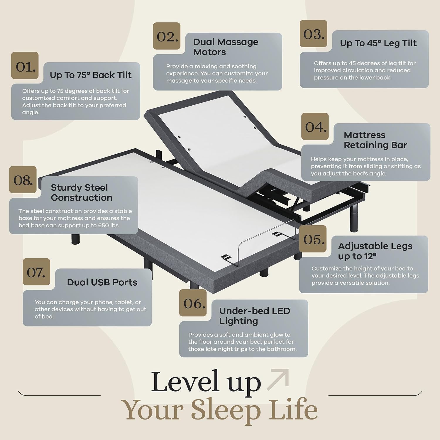 Sven & Son Classic Adjustable Bed Base, Head and Foot Lift, Massage, Under-Bed Lights, USB, Gel Memory, Zero Gravity Smart Frame - Split King + 12 inch Memory Foam Matt (Medium)