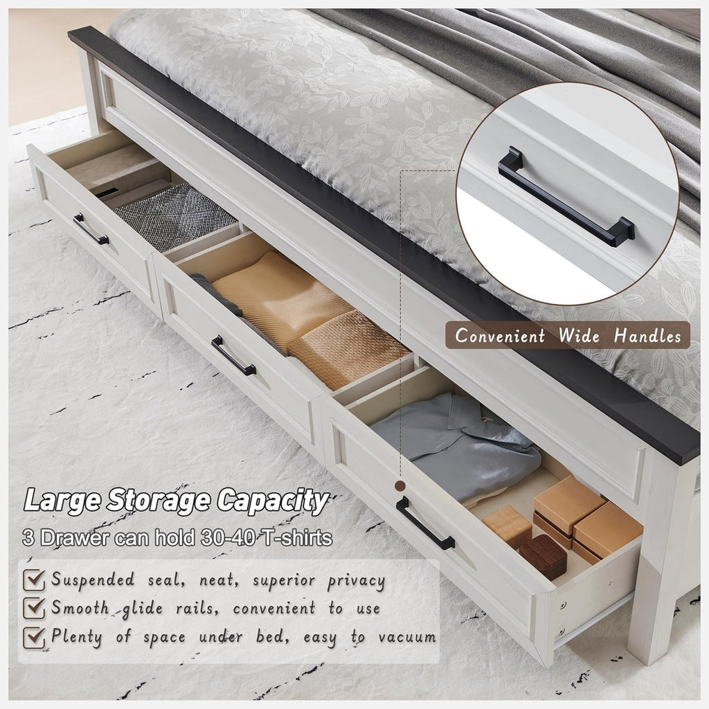 JXQTLINGMU Farmhouse King Wood Bed Frame with 52' Tall Headboard & 20' H Footboard, Platform Bedframe with Hidden Storage Drawers, Noiseless, No Box Spring Required, Off White