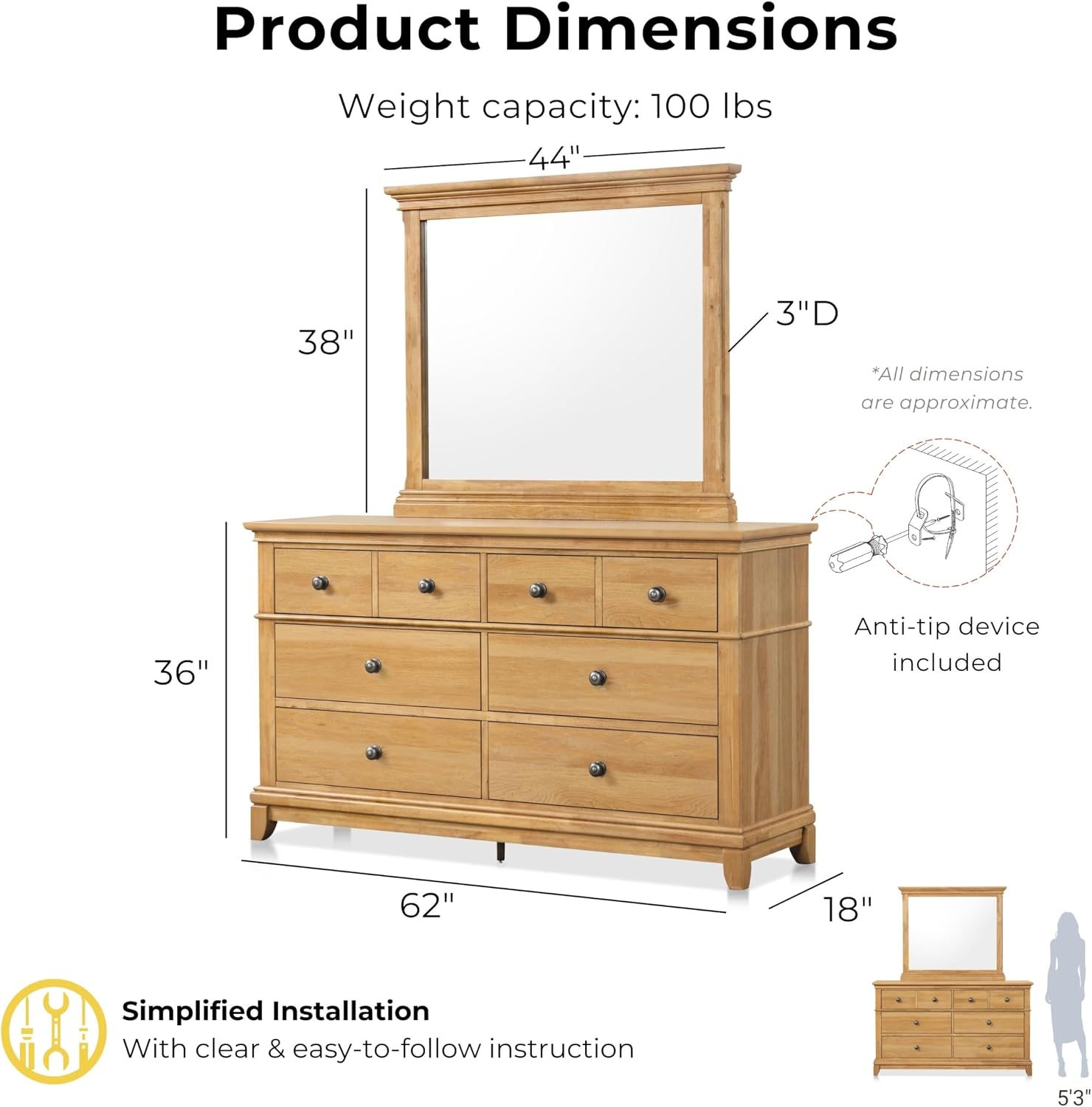 Furniture of America Yardley Farmhouse Solid Wood 5-Piece Bedroom Set with Platform Bed, Felt-Lined Top Drawers on Nightstands and Dresser with Mirror, Box Spring Needed, Queen, Natural Oak