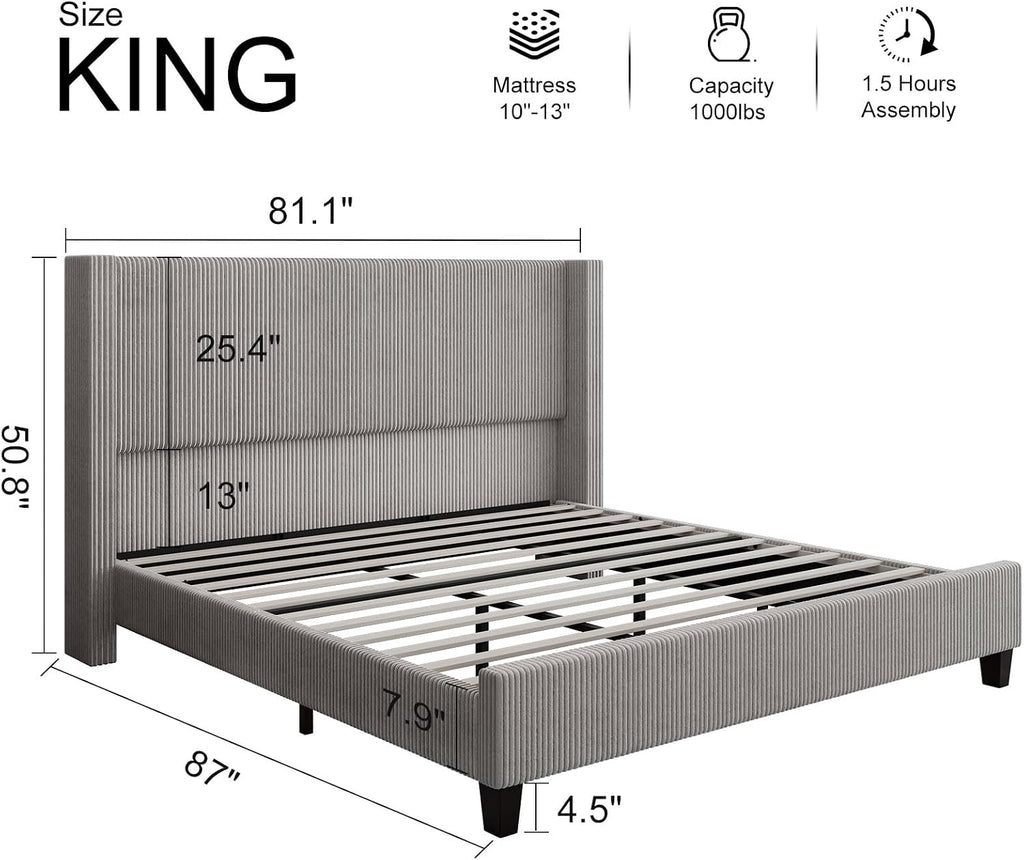 HOWE King Size Bed Frame with 50.8' Tall Wingback Headboard, Modern Corduroy Upholstered Platform Bed Frame with Solid Wood Slats & Legs, No Box Spring Needed, Noise-Reducing Design, Taupe