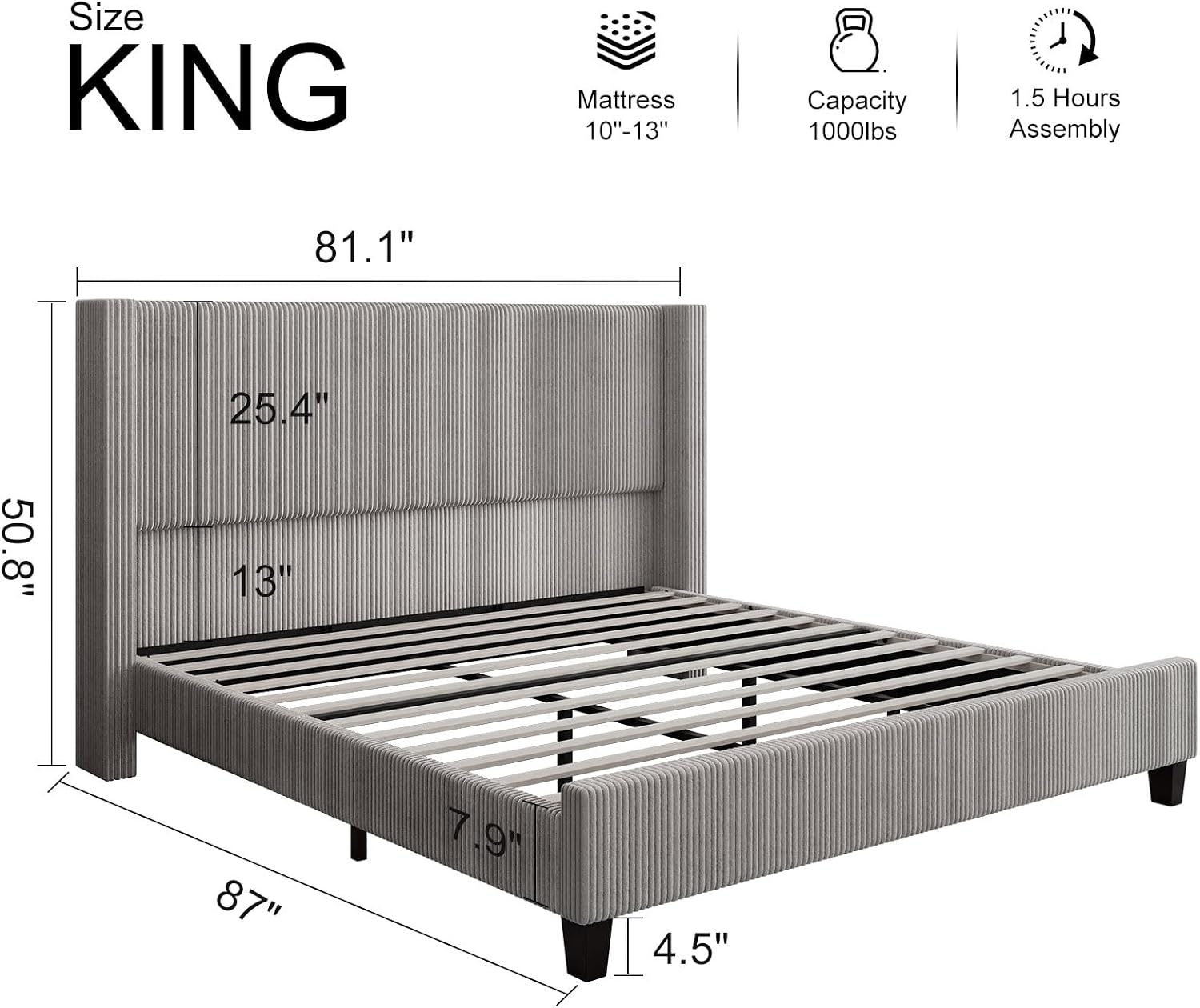 HOWE King Size Bed Frame with 50.8' Tall Wingback Headboard, Modern Corduroy Upholstered Platform Bed Frame with Solid Wood Slats & Legs, No Box Spring Needed, Noise-Reducing Design, Taupe