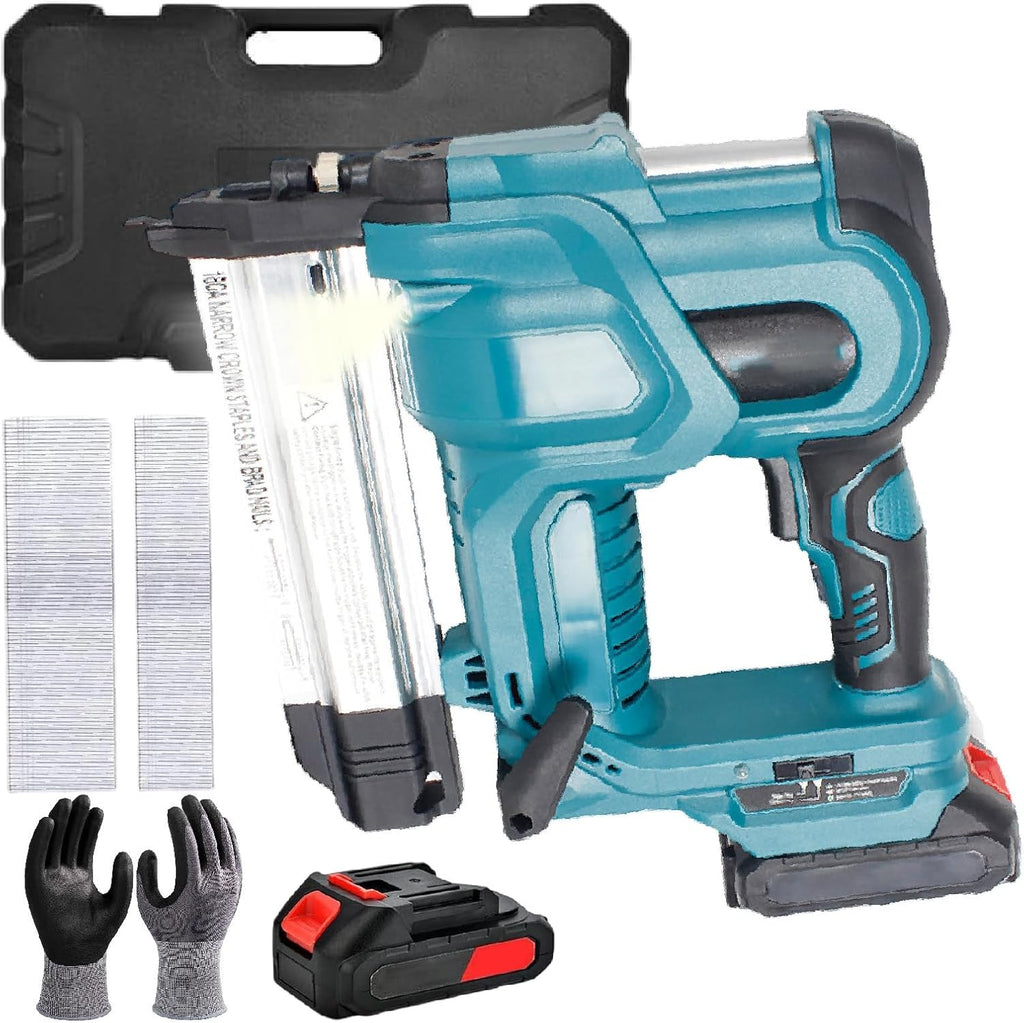 Electric Nail Nailer,21v Nailer Cordless,18 Gauge 2 in 1 Cordless Brad Nailer Stapler,U Shaped Nail/Straight Nail,for Upholstery and Carpentry,with Gloves,1 Battery&400 Nails,Blue