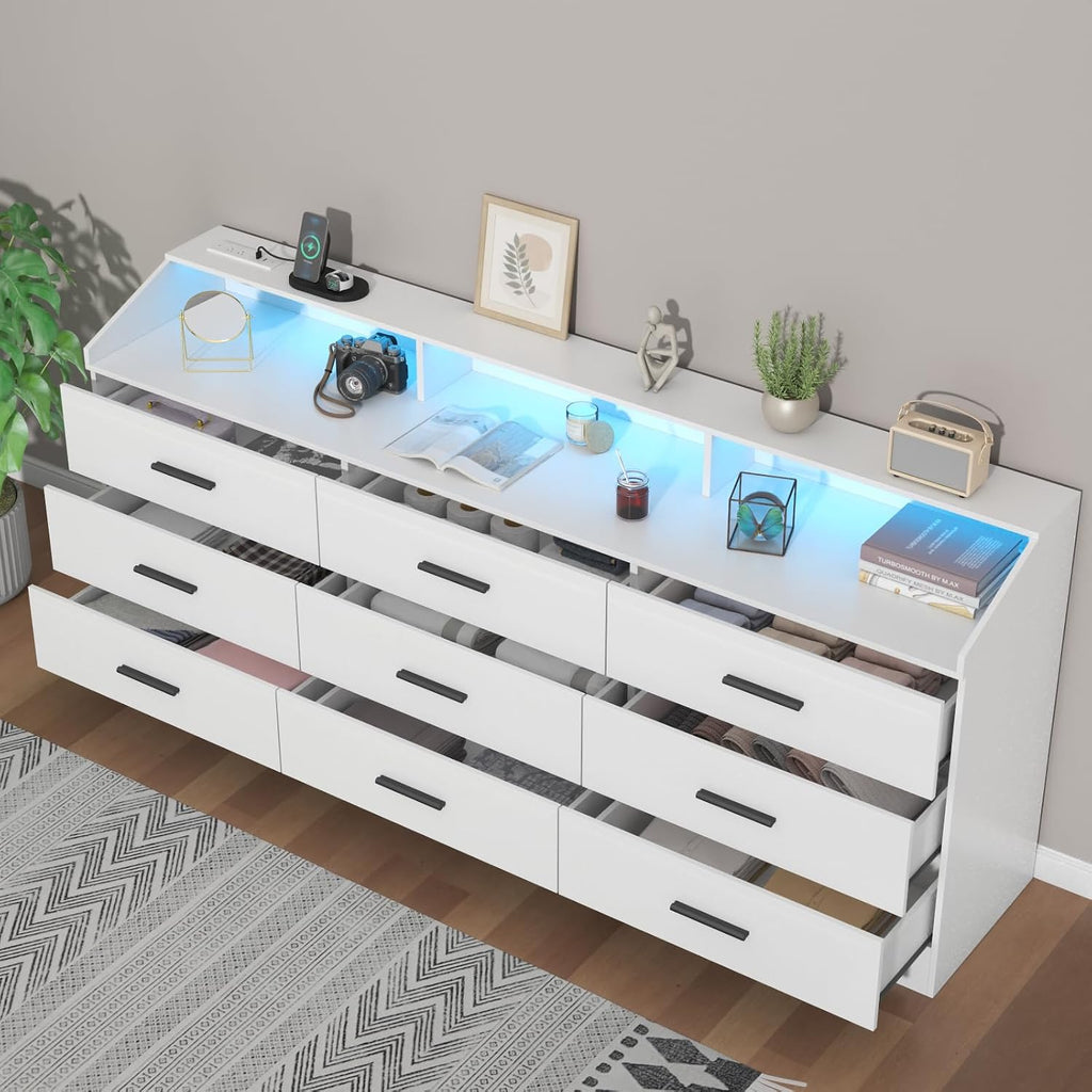 Gyfimoie 9 Drawers Dresser for Bedroom with Power Outlet, Chest of Drawers with LED Light, Modern Dressers with Open Storage Cubby, Triple Wide Dressers Organizer for Living Room (White)