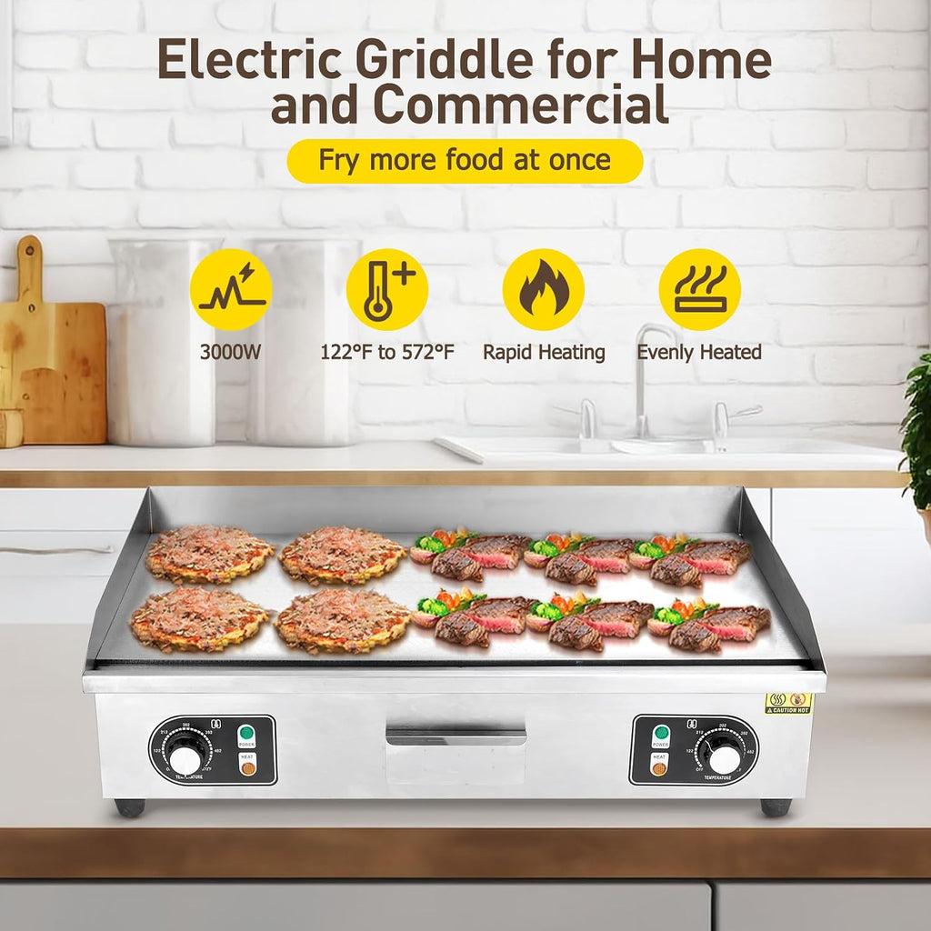 30' Commercial Electric Griddle,110V 3000W Stainless Steel Electric Flat Top Griddle, Non-Stick Plate,Adjustable Temperature Control 122°F-572°F Countertop Griddle for Home Restaurant