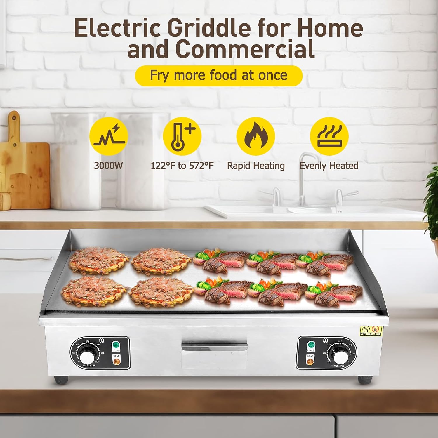 30' Commercial Electric Griddle,110V 3000W Stainless Steel Electric Flat Top Griddle, Non-Stick Plate,Adjustable Temperature Control 122°F-572°F Countertop Griddle for Home Restaurant
