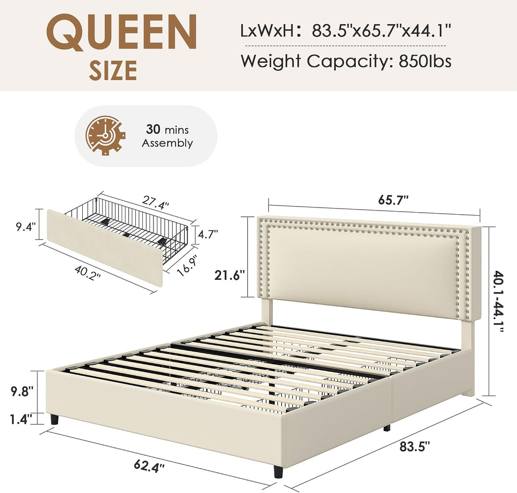 VECELO Queen Size Upholstered Bed Frame with 4 Storage Drawers, Adjustable Velvet Rivet Decor Headboard, Wooden Slats Platform Support, No Box Spring Needed, Easy Assembly,Beige