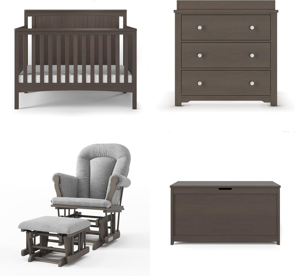 Child Craft Scout 4-in-1 Convertible Baby Crib Nursery Furniture Set - Baby Bed, Dresser with Changing Table Topper, Glider Chair, and Toy Box for Babies, Toddlers and Kids (4 Piece - Dapper Gray)
