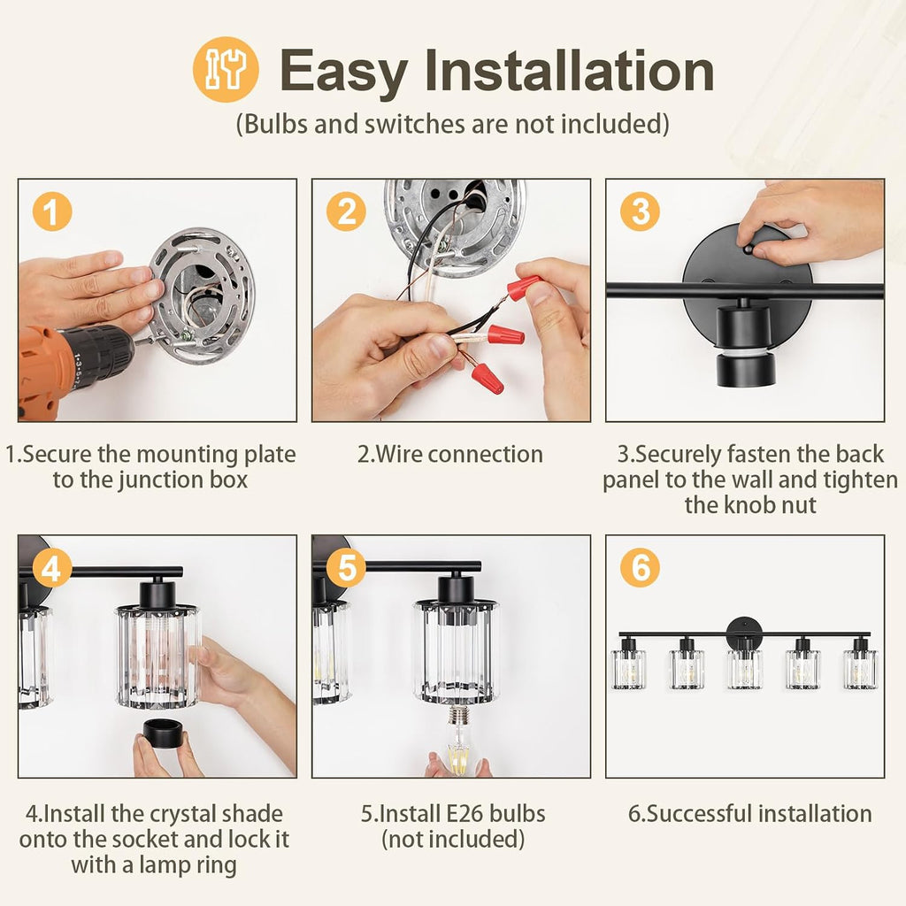 Crystal Bathroom Light Fixtures, Bathroom Lighting Fixtures Over Mirror, Modern Black Gold 5-Light Vanity Lights for Mirror,Restroom, Bedroom (Ceramic E26 Socket,Bulbs Not Include)