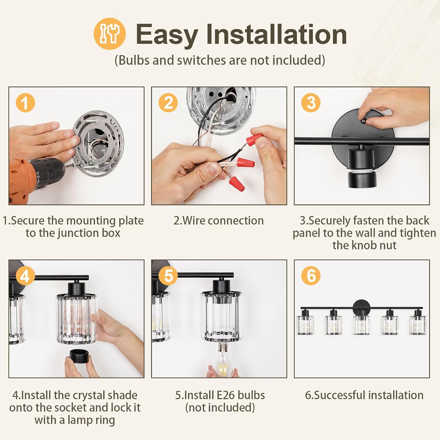 Crystal Bathroom Light Fixtures, Bathroom Lighting Fixtures Over Mirror, Modern Black Gold 5-Light Vanity Lights for Mirror,Restroom, Bedroom (Ceramic E26 Socket,Bulbs Not Include)