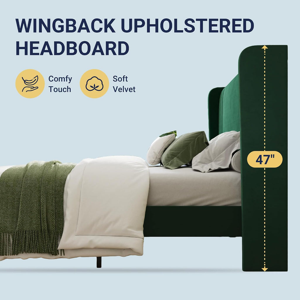 Allewie Full Size Velvet Platform Bed Frame with Vertical Tufted Wingback Headboard, Easy Assembly, Under Bed Storage, No Box Spring Required, Modern Style, Green