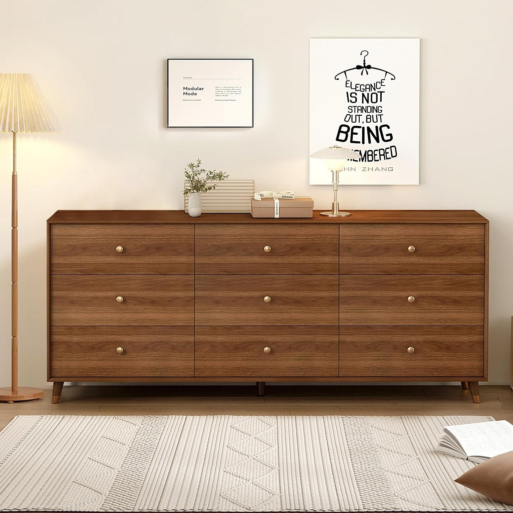 Messenya 9 Drawer Dresser for Bedroom, 63 Inch Walnut Dresser for Closet, Mid Century Wood Chest of Drawers with Natural Texture & Pre-Embedded Slots for TV Stand, Living Room, Hallway, Office