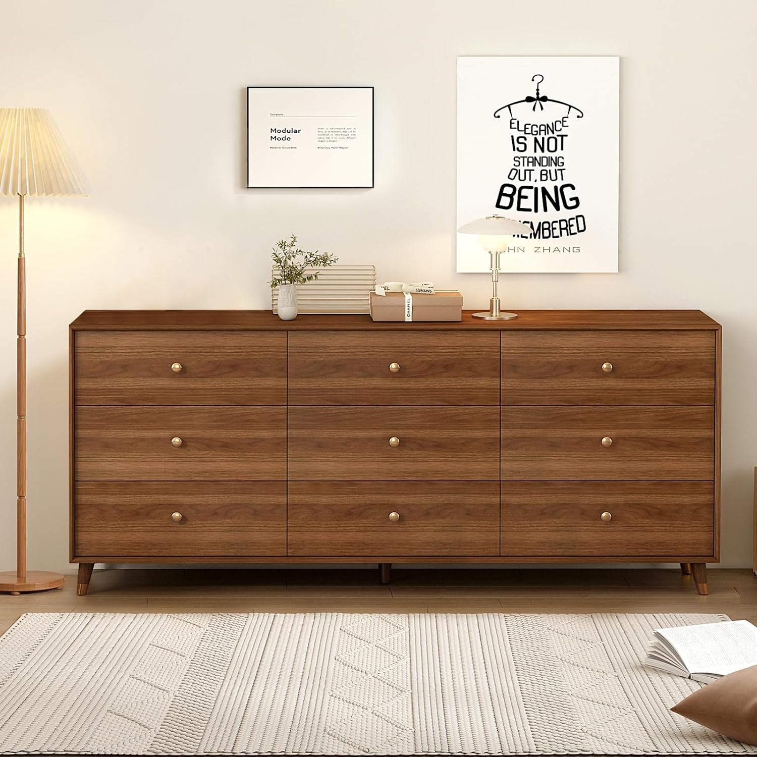 Messenya 9 Drawer Dresser for Bedroom, 63 Inch Walnut Dresser for Closet, Mid Century Wood Chest of Drawers with Natural Texture & Pre-Embedded Slots for TV Stand, Living Room, Hallway, Office