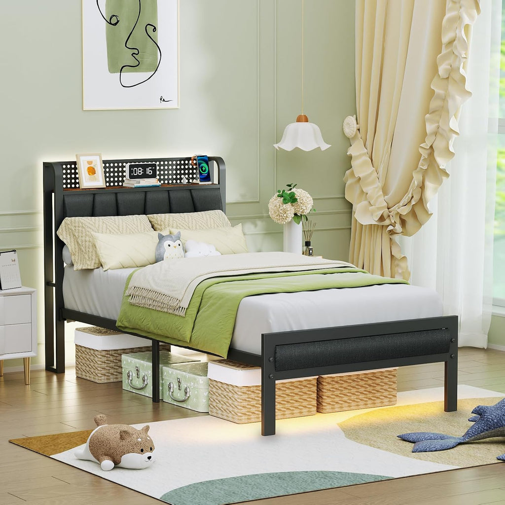 Furnulem Twin Bed Frame with LED Light and Charging Station, Grey Upholstered Storage Headboard with Shelf, Metal Platform Bed with Heavy Duty Slats, No Box Spring Needed, Noise Free & Easy Assembly