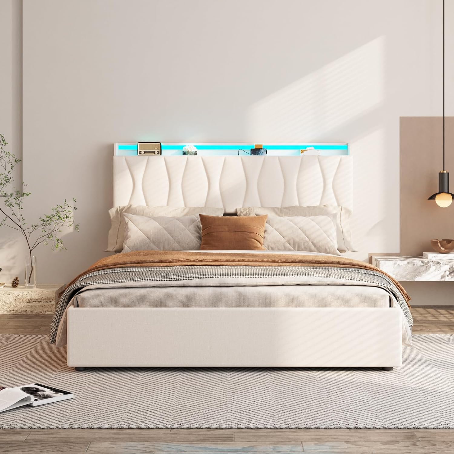 Fameill Full Size Lift Up Storage Bed Frame, Height Adjustable Storage Headboard with Charging Station, LED Lights Upholstered Platform Bed, Wooden Slat, No Box Spring Needed, Noise-Free, Beige