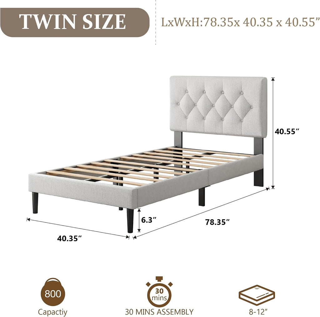 CXVX Twin Size Platform Bed Frame with Upholstered Headboard, Button Tufted Design, Strong Wooden Slats, No Box Spring Needed, Easy Assembly, Noise Free
