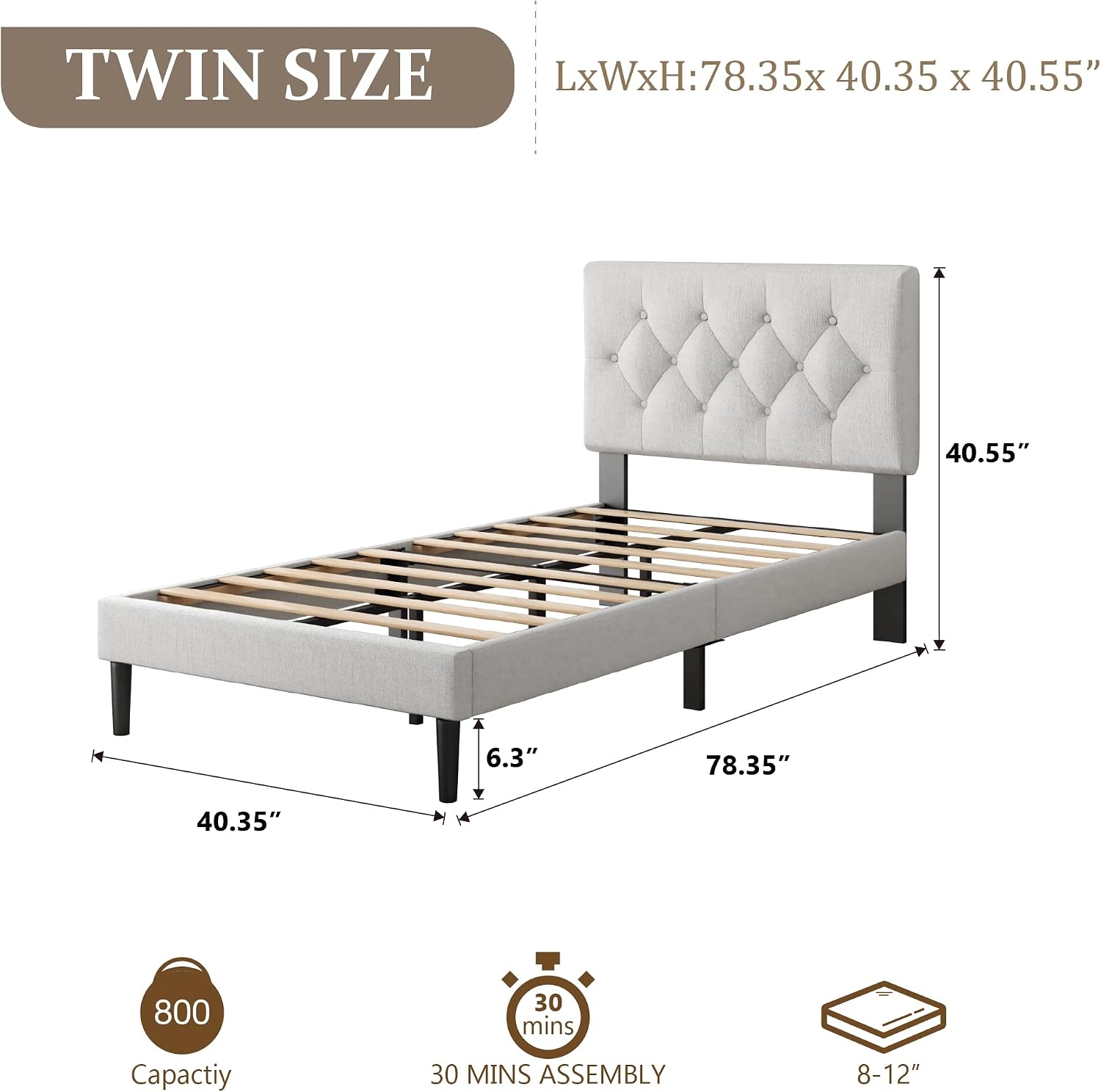 CXVX Twin Size Platform Bed Frame with Upholstered Headboard, Button Tufted Design, Strong Wooden Slats, No Box Spring Needed, Easy Assembly, Noise Free
