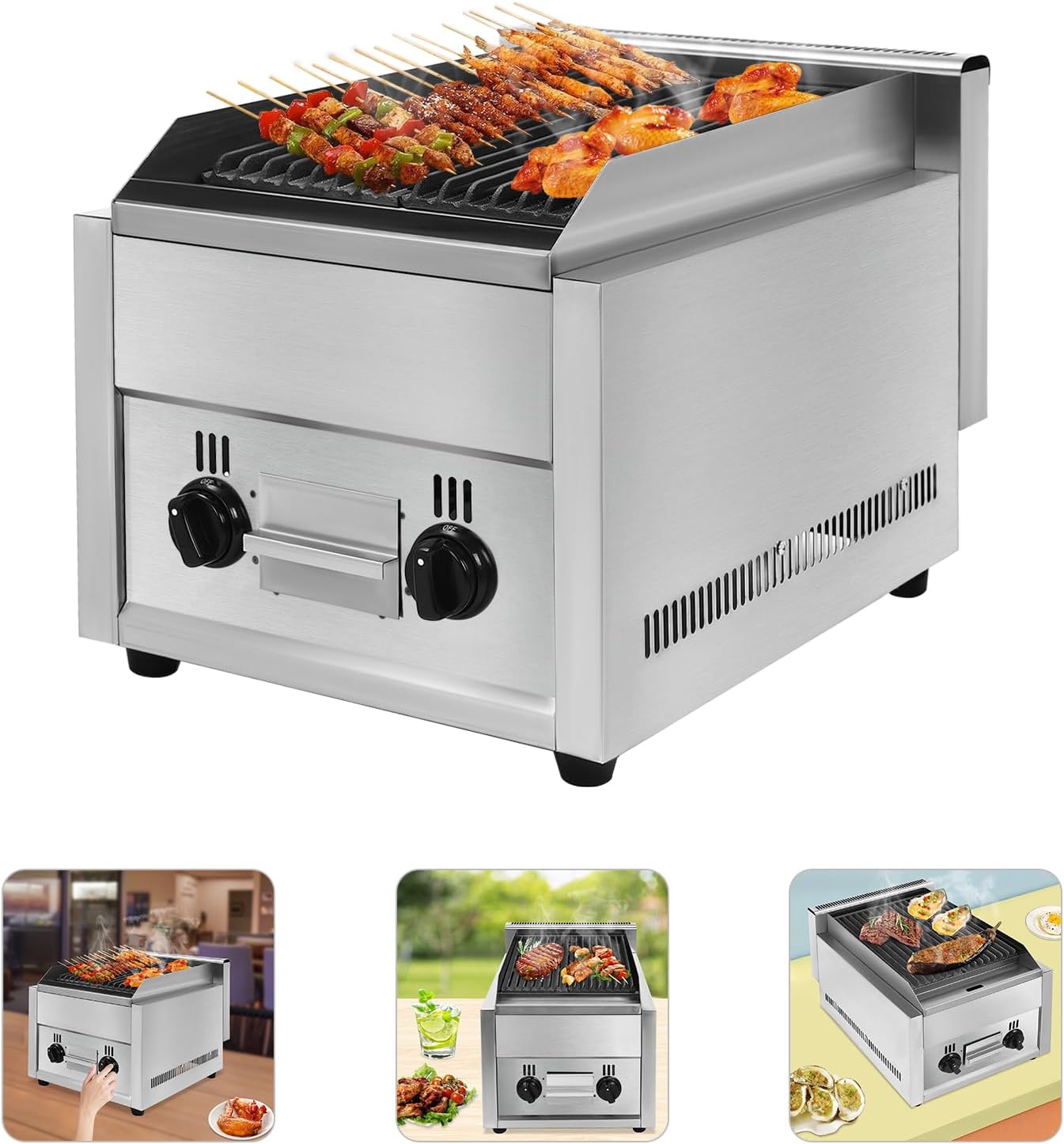 Commercial Gas Grill, Professional Gas Broiler Grill with Dual I Type Burners Cast Iron Grill Independent Knob and Switches Removable Grill Pans Stainless Steel Gas Grill for Western Restaurants Etc