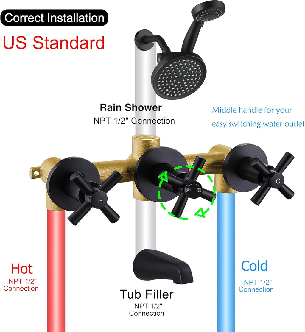 LIWEIKE 3 Handle Tub Shower Faucet, Matte Black Three Handles and Tub Spout Faucet Set Black Shower Faucet 3 Knob Brass Rough-in Valve