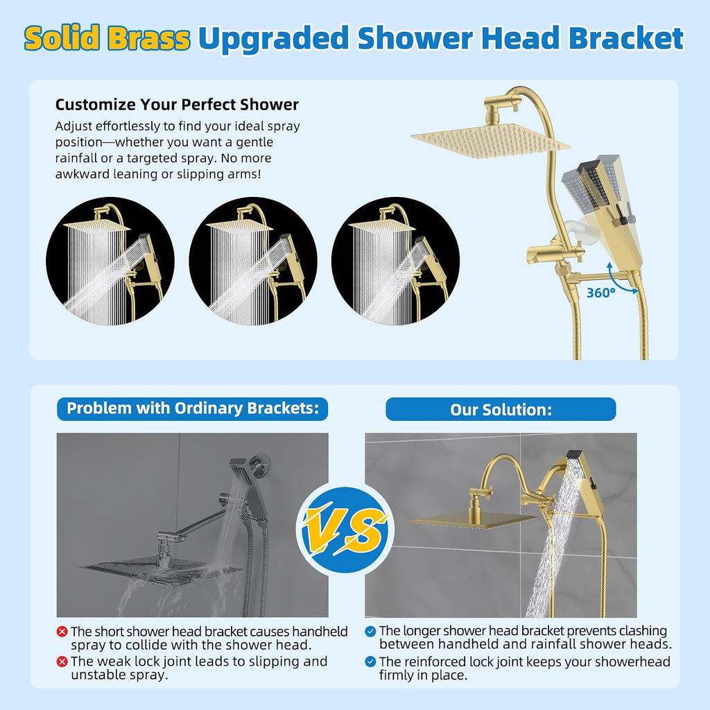 Hibbent All Metal cUPC Certified Shower Head, 10'' High Pressure Rainfall Shower Head Combo, Handheld Shower Wand, 12'' Adjustable Extension Arm, 4-Spray, 71'' Hose, Shower Holder, Brushed Gold