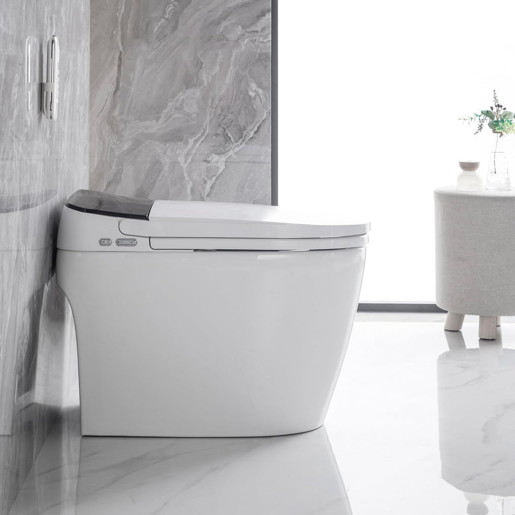 Elongated Smart Toilet with Elongated Heated Bidet Seat, Intelligent Toilet with Bidet Built in, Feet Sensor,Auto Open,Close Seat, Off Seating AUTO Flush, Night Light, Warm Water Dryer,White