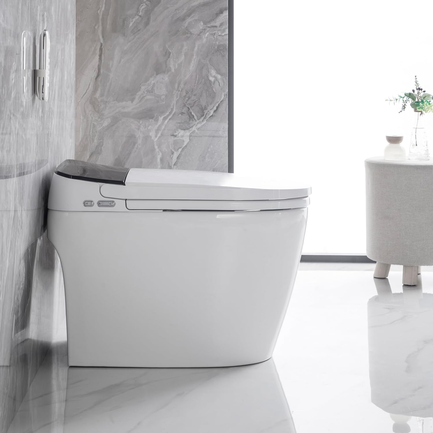 Elongated Smart Toilet with Elongated Heated Bidet Seat, Intelligent Toilet with Bidet Built in, Feet Sensor,Auto Open,Close Seat, Off Seating AUTO Flush, Night Light, Warm Water Dryer,White